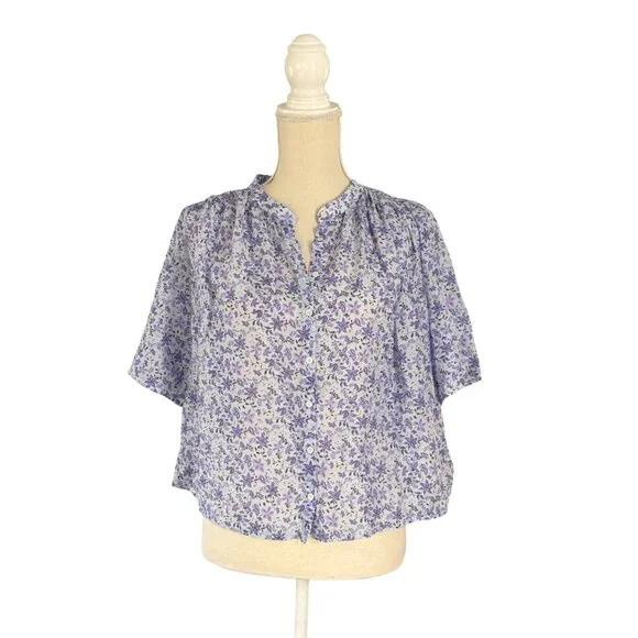 XiRENA Carys Shirt blue willow floral XS relaxed cotton silk purple blouse top - Picture 2 of 9